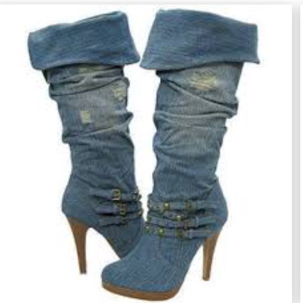 Anne Michelle Denim Blue Jean Knee Hi Boots